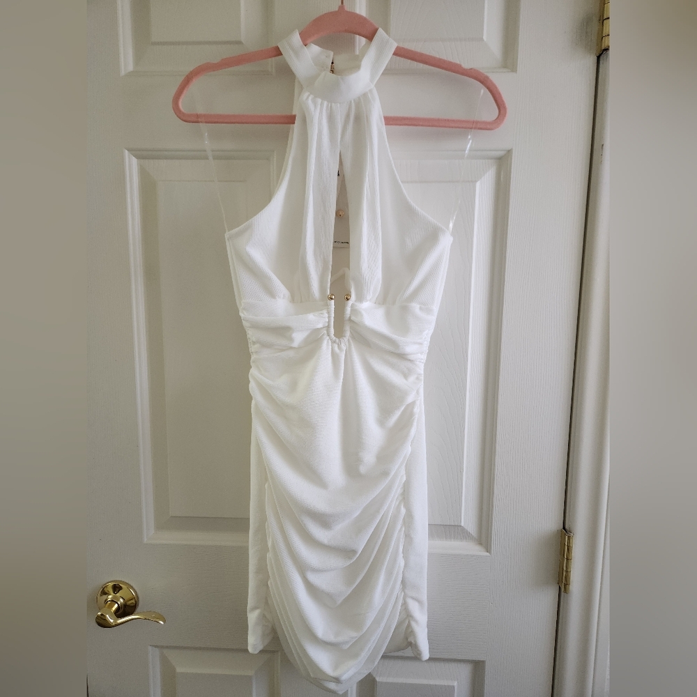 White Ruched Halter Mini Dress New with Tags
